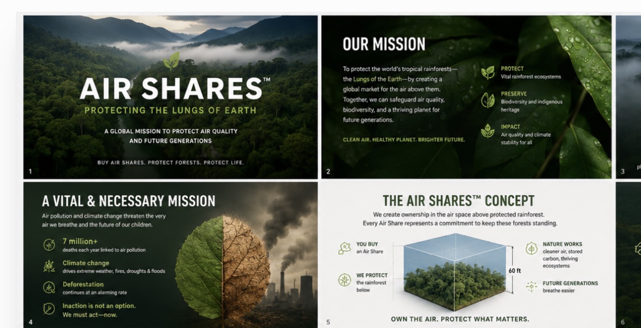 The investor deck, same design language end to end